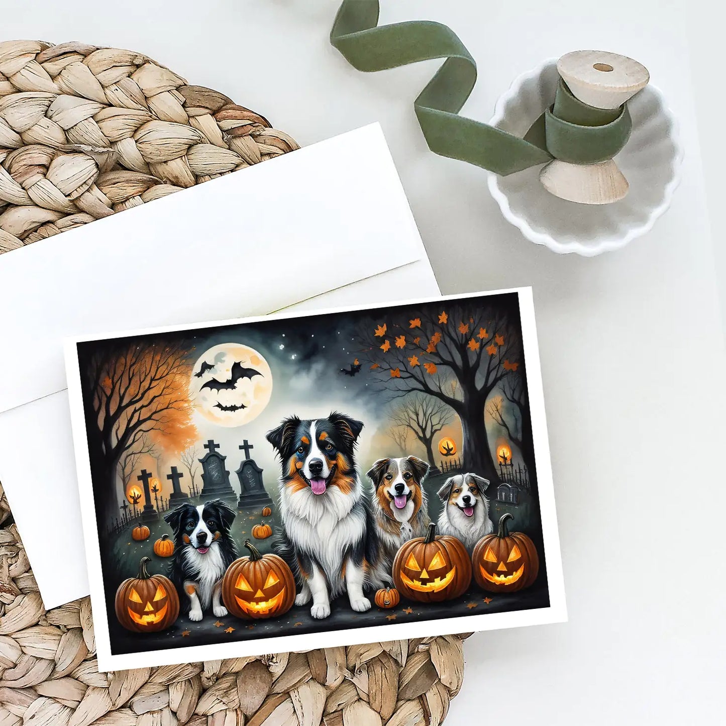 Australian Shepherd Spooky Halloween Greeting Cards Pack of 8