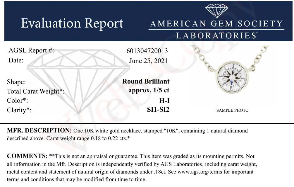 Colar com Pingente Solitário de Diamante Montado em Bisel de Ouro 10K Certificado pela AGS, Ajustável de 16 a 18 polegadas (Cor H-I, Clareza SI1-SI2)