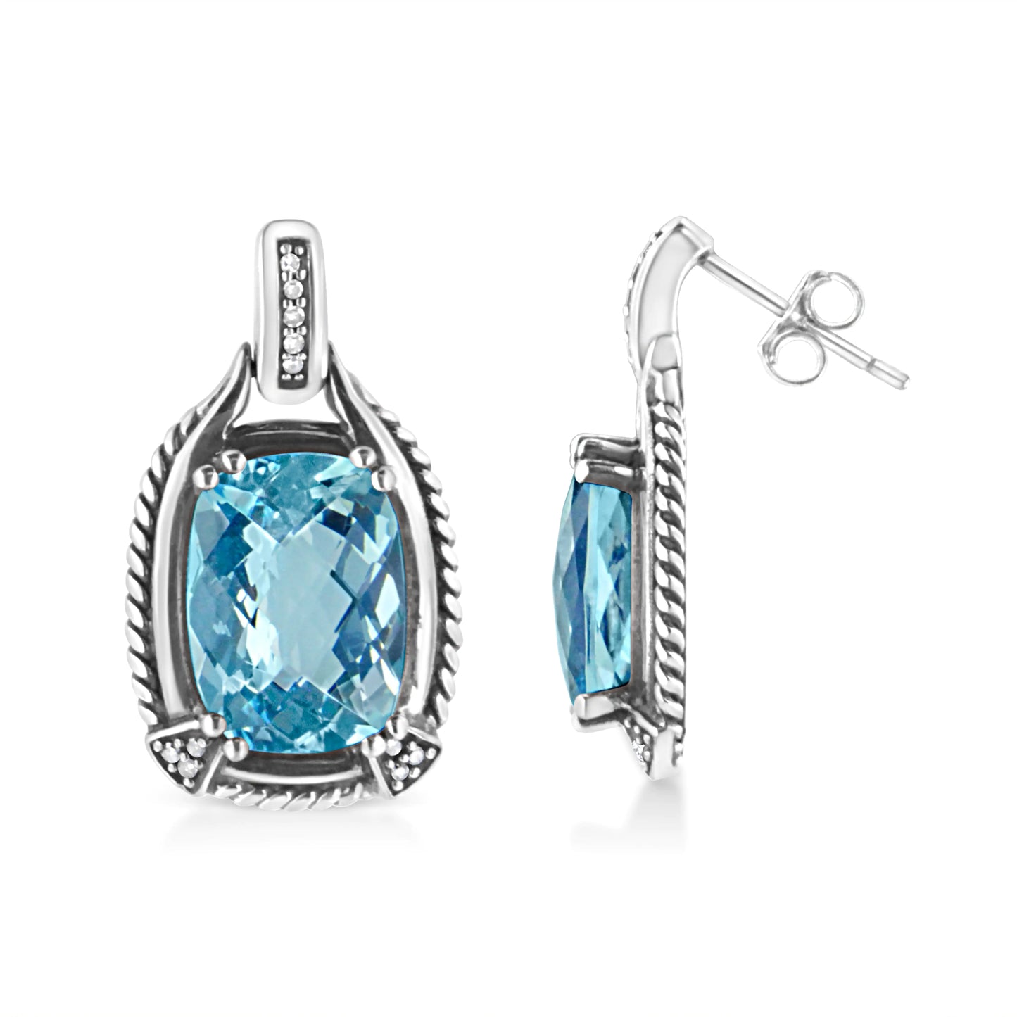 Boucles d'oreilles pendantes en argent sterling .925 avec topaze bleue de taille coussin 14x10MM et accent de diamants (Couleur I-J, Clarté I1-I2)