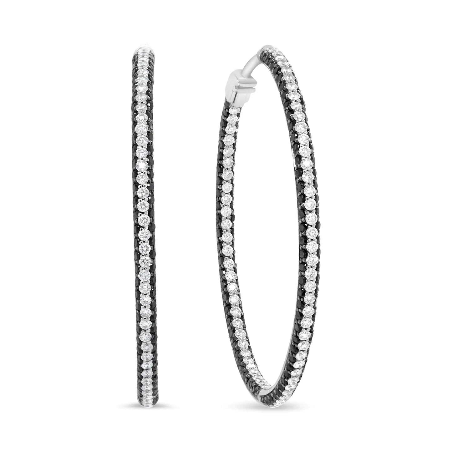 18K White Gold 3 1/4 Cttw Round Black and White Diamond Inside-Outside Hoop Earrings (Black and F-G Color, VS1-VS2 Clarity)