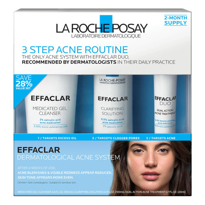 La Roche-Posay Effaclar Dermatological 3 Step Acne Treatment System, Salicylic Acid Acne Cleanser, Pore Refining Toner, and Benzoyl Peroxide Spot Treatment for Sensitive Skin, 2-Month Supply