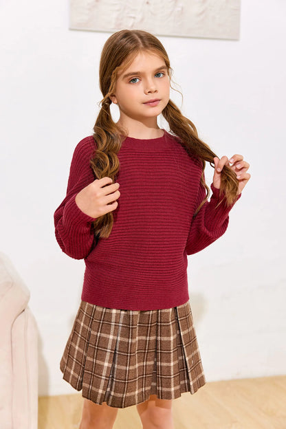 Mafulus Girl's Oversized Crewneck Fall Sweaters Kids Batwing Long Sleeve Slouchy Chunky Cute Pullover Jumper Shirts 5-14T 9-10 Years Burgundy