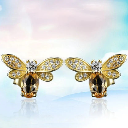 Amber Crystal Earrings with Bee CZ Wings