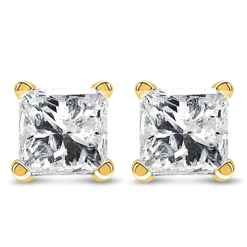 Boucles d'oreilles clous solitaire en diamant taille princesse monture 4 griffes en or jaune 14k certifiées IGI (Couleur L-M, Clarté I1-I2)