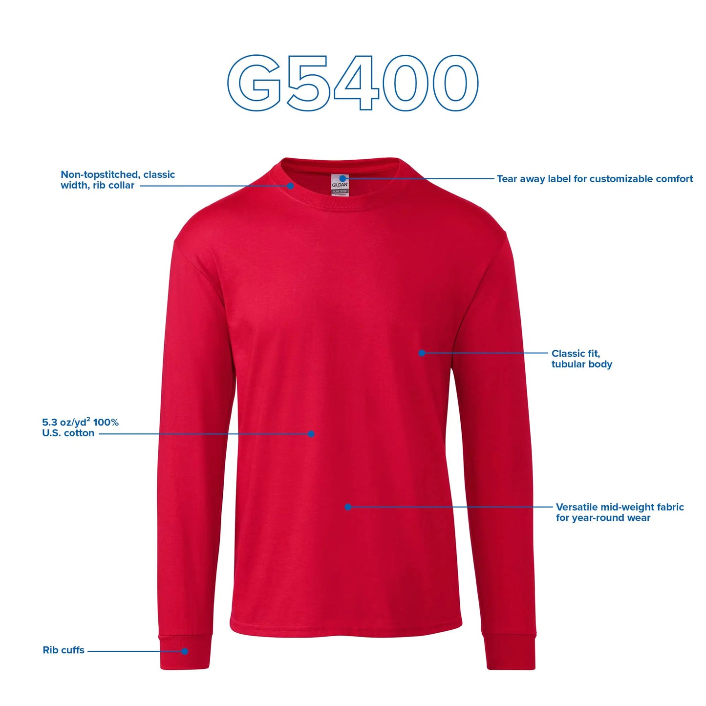 Gildan Adult Heavy Cotton Long Sleeve T-Shirt, Style G5400, 2-Pack Large Royal