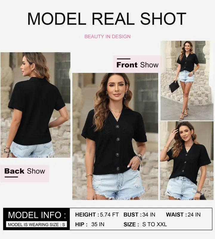 Dokotoo Womens Summer Tops 2024 Waffle Knit Button Down Shirts Casual V Neck Short Sleeve Shacket Jacket Dressy Blouses X-Large Black