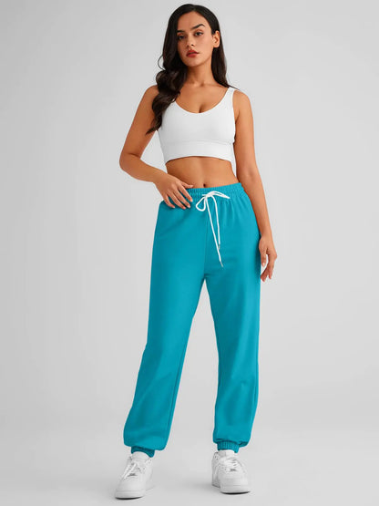 AUTOMET Women's Cinch Bottom Sweatpants High Waisted Athletic Joggers Cyan XX-Large