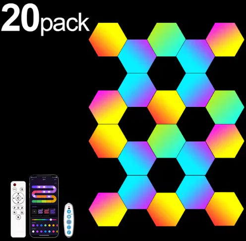 Lâmpada de Parede Hexagonal RGB Inteligente – Luz Ambiente com Mudança de Cores, Sincronização com Música e Controle por App