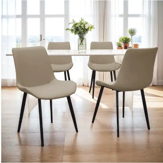 Tan PU Leather Dining Chair With Metal Legs, Modern Upholstered Chair Set Of 4 For Kitchen