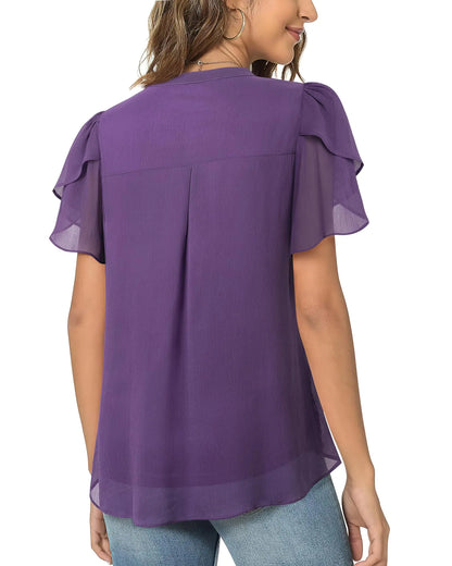 Lotusmile Womens Dressy Chiffon Blouses Summer Puff Petal Short Sleeve Shirts V Neck Casual Work Tops Medium Purple