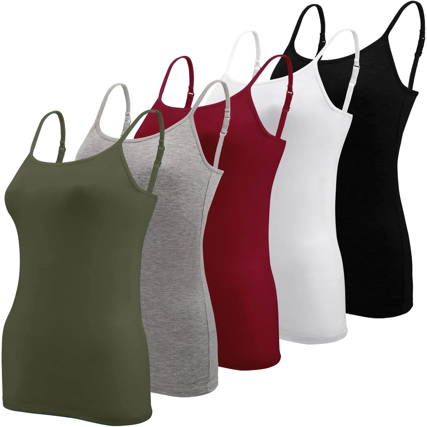 BQTQ 5 Pcs Women's Camisole Tank Top Undershirt Spaghetti Strap Basic Camisoles Large Black, White, Gray, Army Green, Darkred