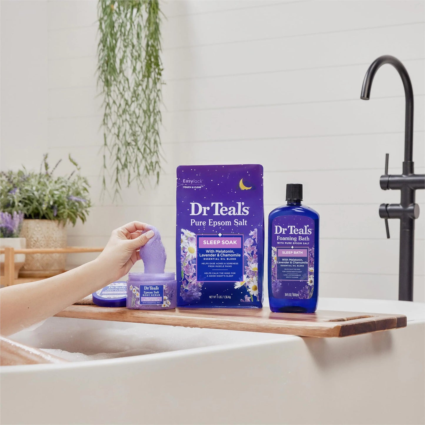 Dr Teal's Foaming Bath with Pure Epsom Salt, Sleep Blend with Melatonin, Lavender & Chamomile Essential Oils, 34 Fl Oz (Pack of 4) (Packaging May Vary)