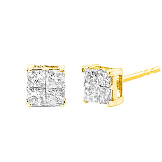 Aretes de Estudio con Múltiples Piedras de Diamantes Compuestos en Corte Princesa de 1.0 Cttw en Plata Esterlina .925 con Baño de Oro Amarillo de 10K (Color J-K, Claridad SI2-I1)