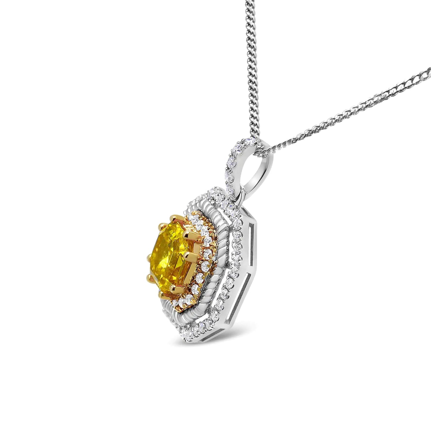 18K Weiß- und Gelbgold 2 1/4 Cttw Laborgezüchteter Gelber Asscher Schliff Diamant Art Deco Stil Halo 18" Anhänger Halskette (Gelb/G-H Farbe, VS1-VS2 Reinheit)