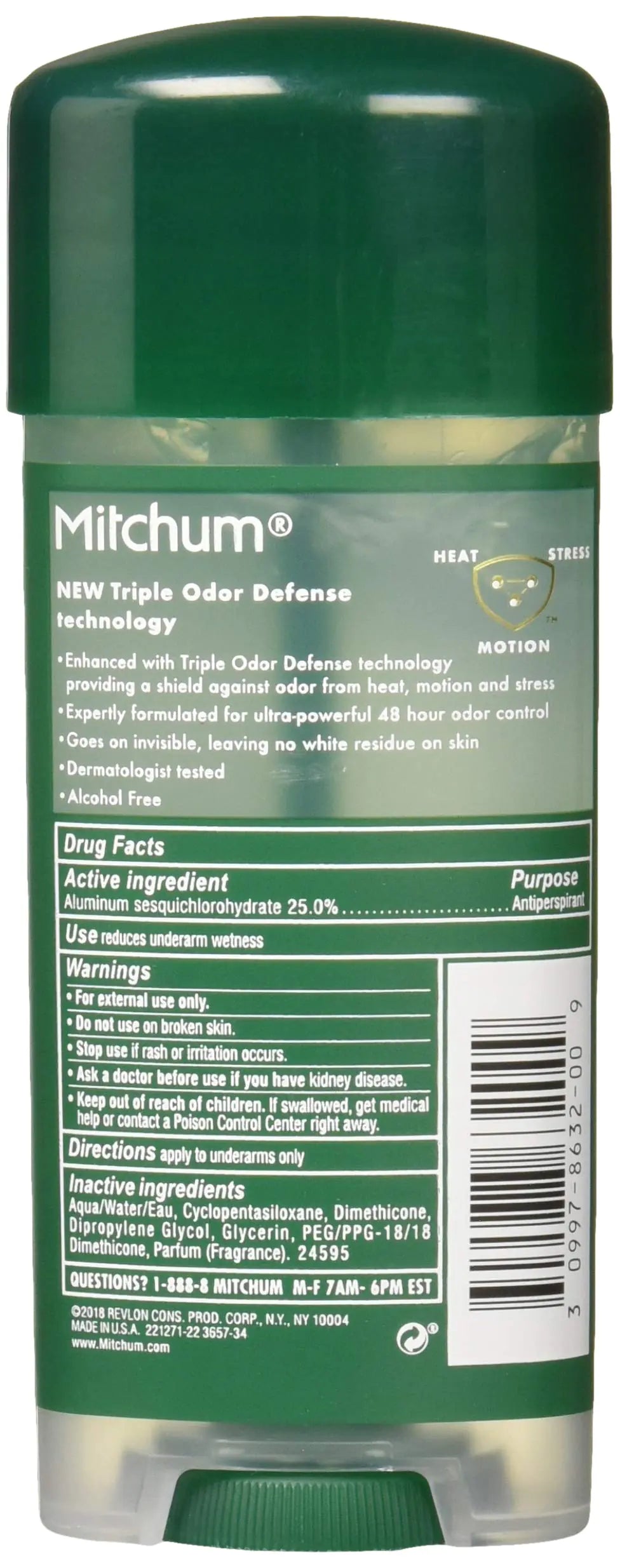 Mitchum Antiperspirant Deodorant Stick for Men, Triple Odor Defense Gel, 48 Hr Protection, Dermatologist Tested, Alcohol Free, Unscented, 3.4 oz, green 3.4 Ounce (Pack of 1)