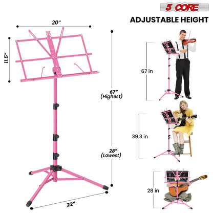 Suporte de Música 5Core para Partituras, Portátil, Tripé Ajustável, Dobrável, Porta-Notas, Rosa Intenso