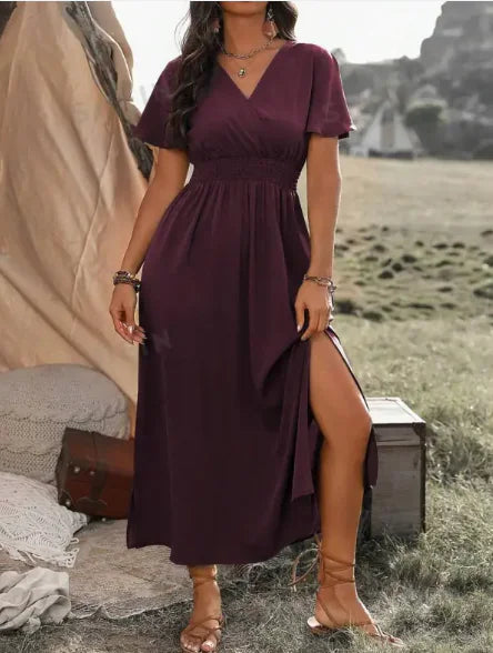 Solid Color And V-neck Bell Sleeve Elastic And Waisted Slimming Slit Long Dress