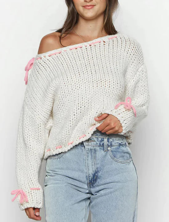 Bowknot Y2K Sweater – Long Sleeve Knit Top