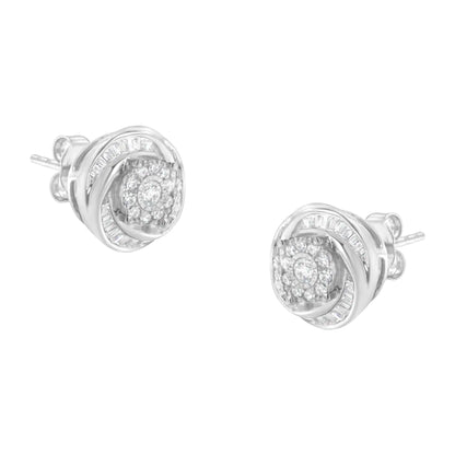 Boucles d'oreilles clous Love Knot en argent sterling .925 avec diamants ronds et baguettes 3/4 Cttw (Couleur I-J, Clarté I2-I3)