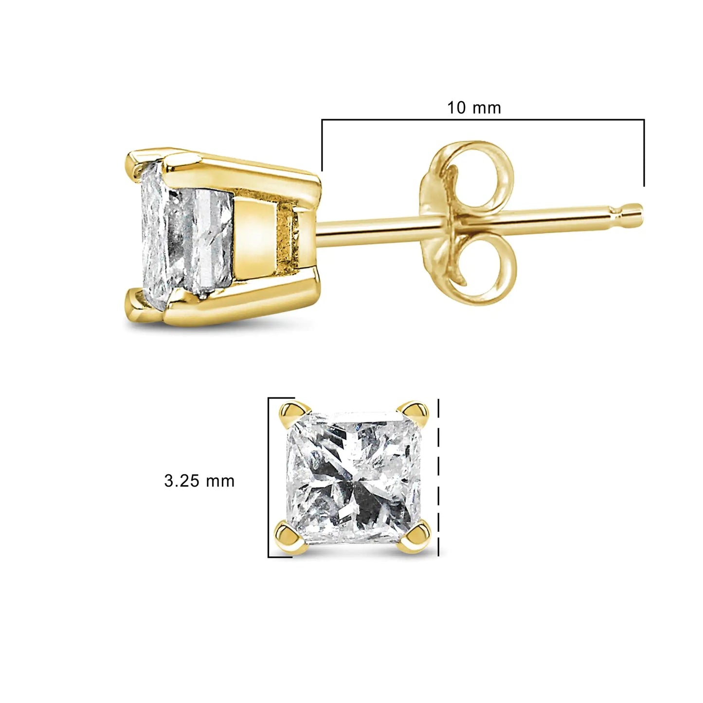 Boucles d'oreilles clous solitaire en diamant taille princesse monture 4 griffes en or jaune 14k certifiées IGI (Couleur L-M, Clarté I1-I2)