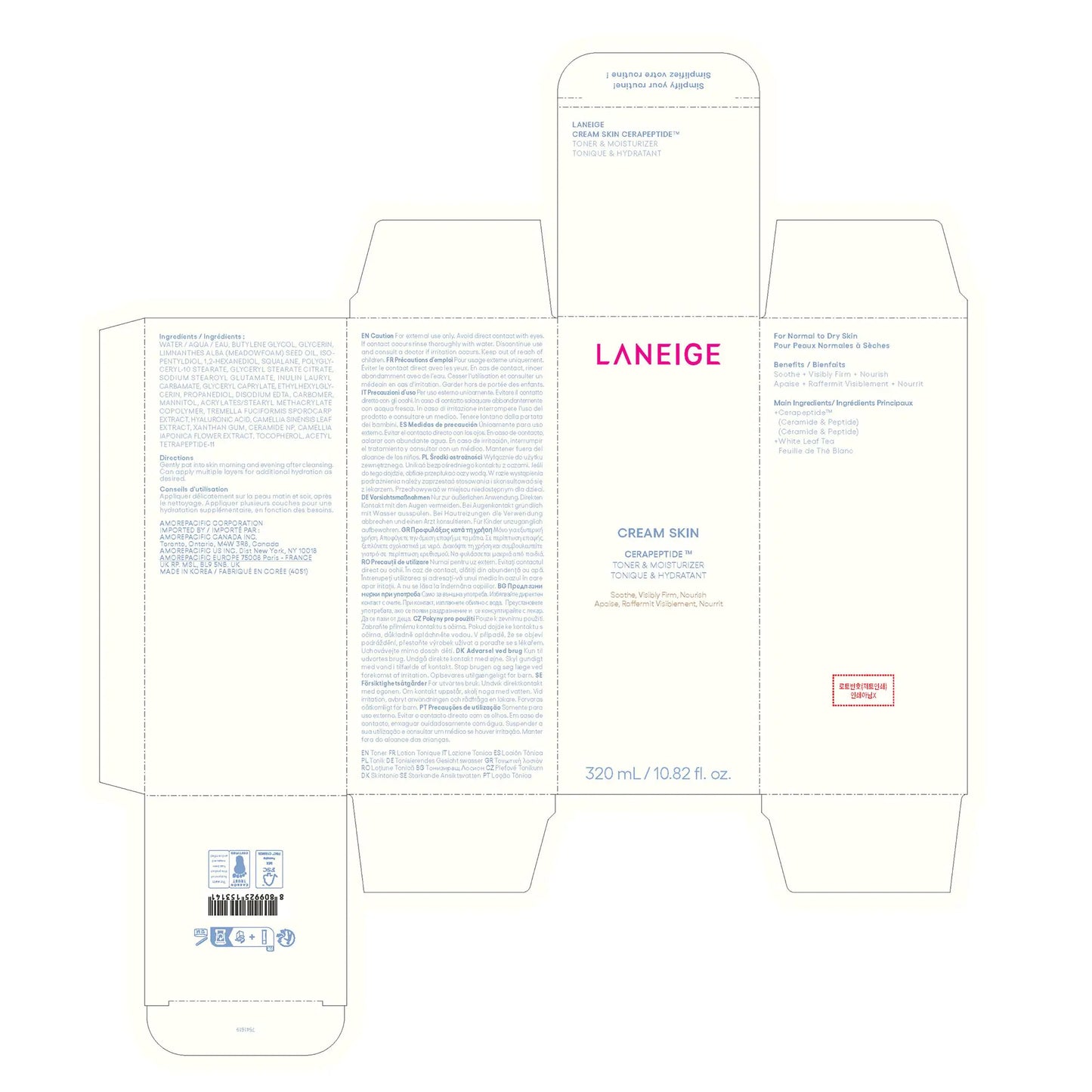 LANEIGE Cream Skin Refillable Toner & Moisturizer with Ceramides and Peptides: Korean Milky Toner, Amino Acid, Nourish, Hydrate, Barrier-Boosting, Visibly Firm 10.8 oz / 320 ml