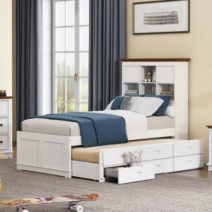 Solid Pine Captain Bookcase Bed With Trundle Bed And 3 Spacious Under Bed Drawers In Casual,Twin, White Walnut