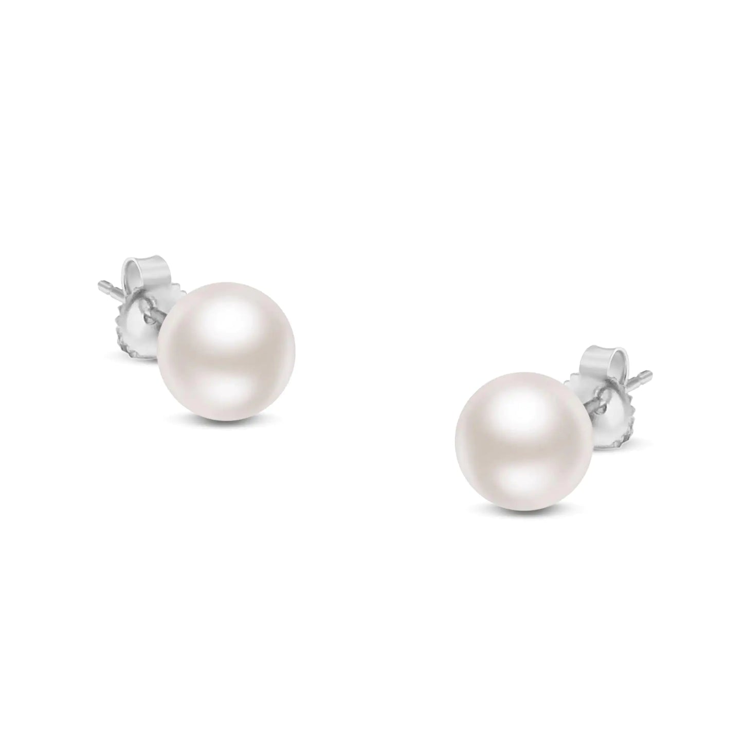 14K Gold Round White Saltwater Akoya Cultured Pearl Stud Earrings AAA+ Quality - Choice of MM Size