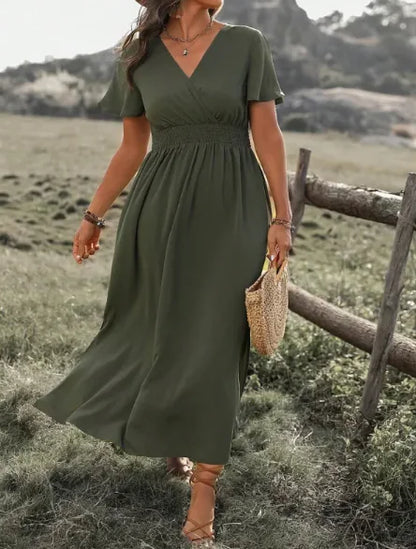 Solid Color And V-neck Bell Sleeve Elastic And Waisted Slimming Slit Long Dress