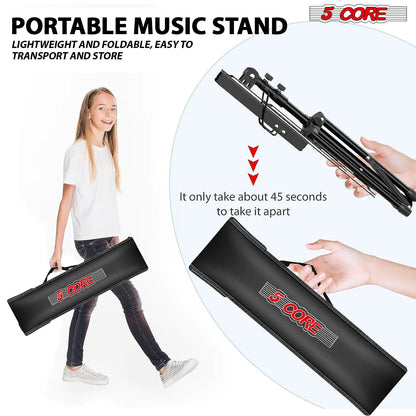 Suporte de Música 5Core Para Partituras Portátil Tripé Ajustável Dobrável com Luz Suporte para Notas PRETO