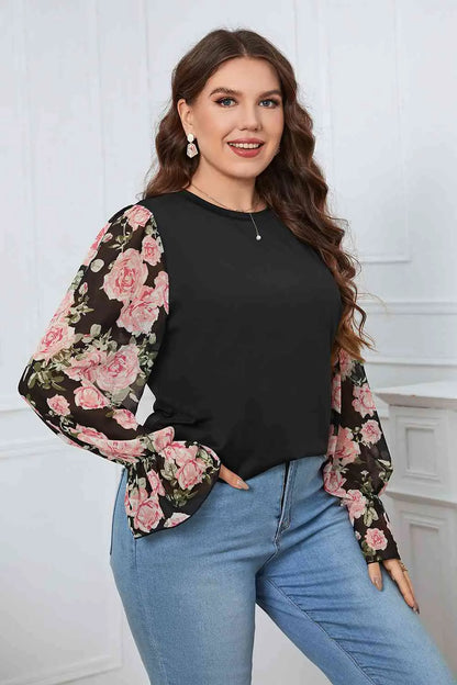 Plus Size Floral Flounce Sleeve Blouse-