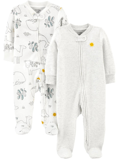 Simple Joys by Carter's Baby 2-Way Zip Thermal Footed Sleep and Play, Pack of 2 6-9 Months Animal/Sun