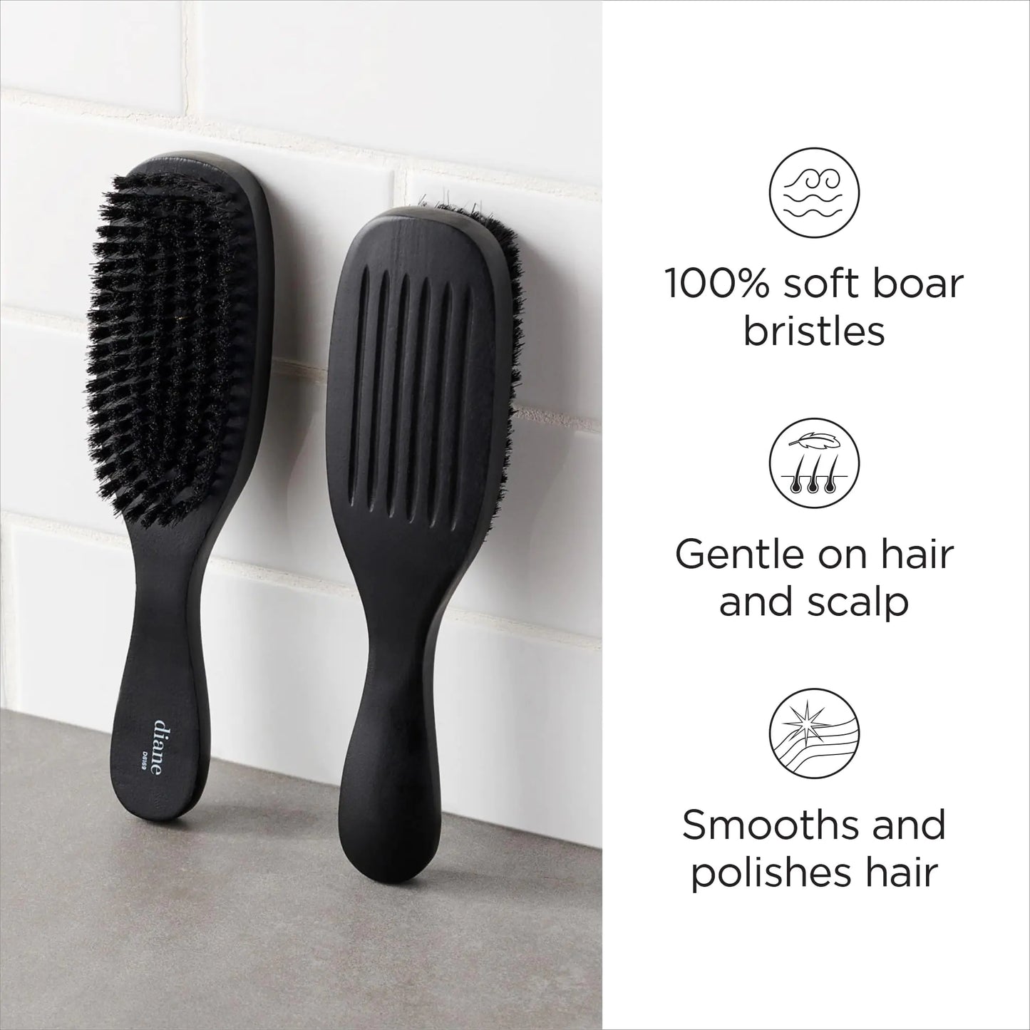 Diane Boar Bristle Brush for Men and Women - Fine to Medium Hair Styling, Wave Styles, Smoothing, Soft Scalp, Club Handle