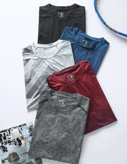 5 Pack Men’s Active Quick Dry Crew Neck T Shirts | Athletic Running Gym Workout Short Sleeve Tee Tops Bulk Light Gray/Gradient Red/Blue/Charcoal/Black Large