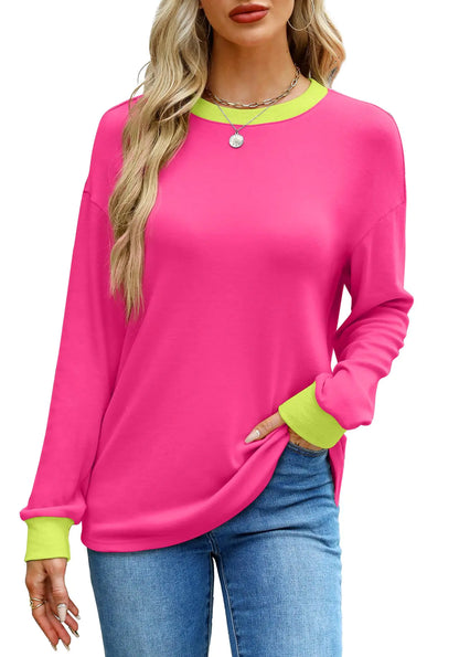 WIHOLL Womens Tunic Tops Long Sleeve Striped Shirts Crewneck Tops Plain Hot Pink X-Large