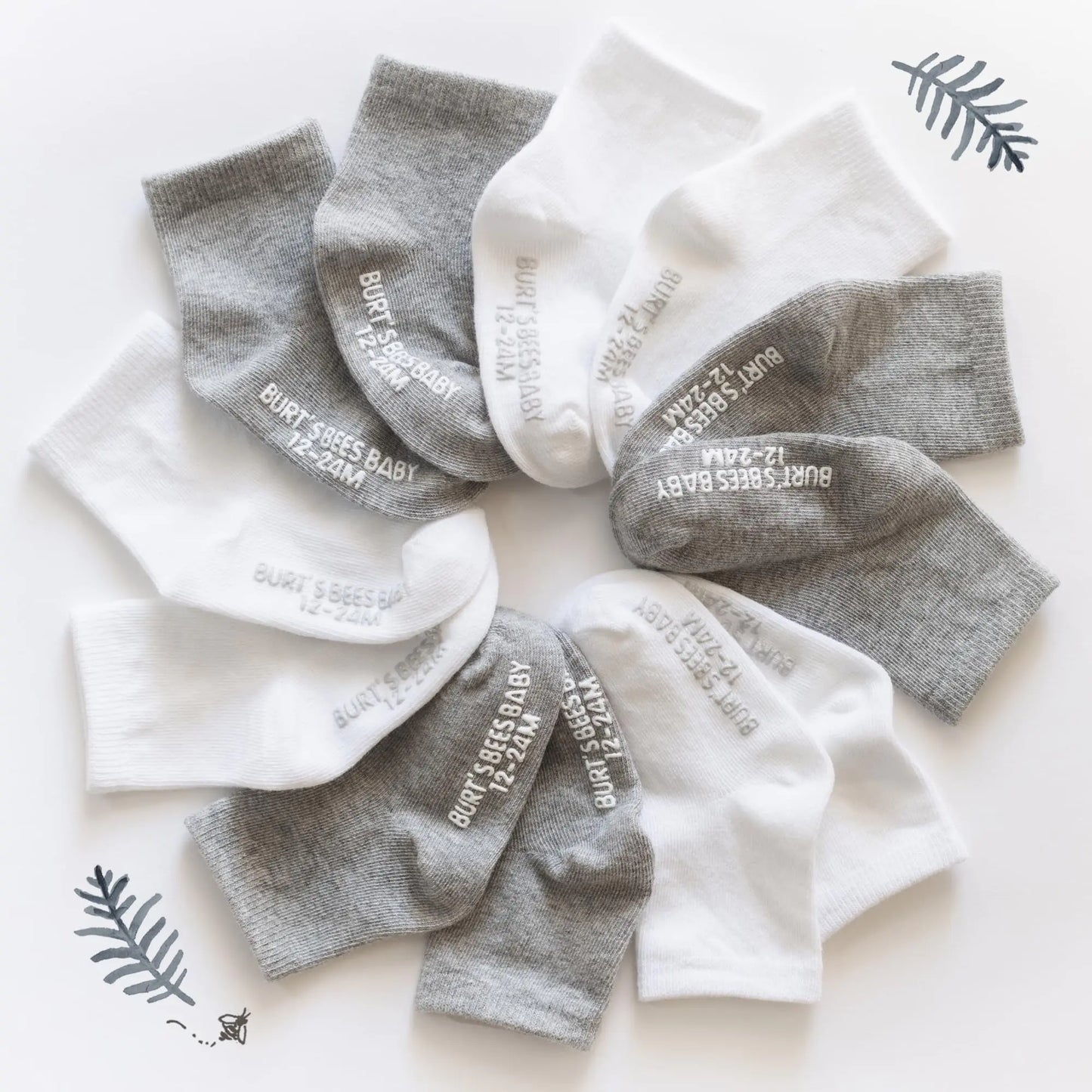 Burt's Bees Baby Unisex Baby Socks Ankle or Crew Height Made with Soft Organic Cotton, 6 Packs with Non-Slip Grips for Babies 3-12 Months Solid Grey/White