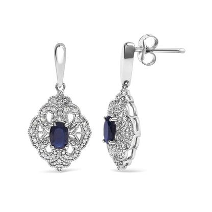 .925 Sterling Silver 6x4 MM Oval Blue Sapphire and White Diamond Accent Art Deco Style Shield Dangle Earring (I-J Color, I3 Clarity)