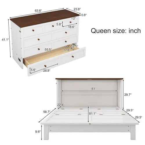 Solid Pine Murphy Bed Chest With Charging Station And Large Storage Drawer For Home Office Or Small Room , Queen, White Walnut