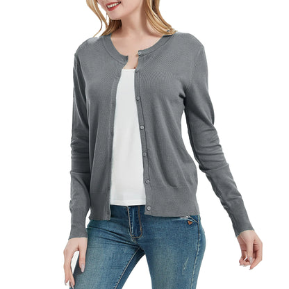 Women's Crew Neck Button Down Long Sleeve Cardigan Sweater Silver Grey XX-Large