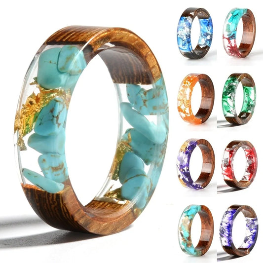 Resin Flowers Ring - Wood Design