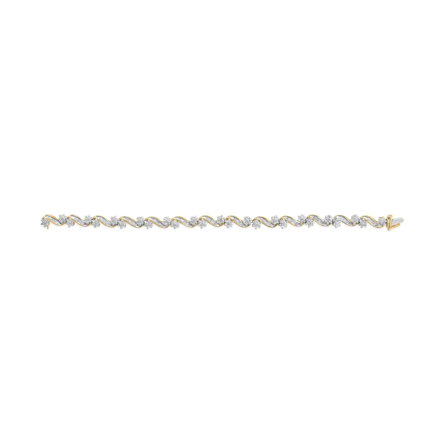 10k Yellow Gold 3.00 Cttw Round-Cut and Baguette-Cut Floral Link 7.25" Bracelet (I-J Color, I1-I2 Clarity)