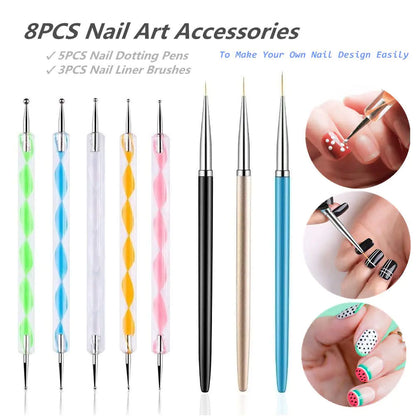 5PCS Dotting Pens with 3 PCS Nail Painting Brushes, Nail Art Design Tools