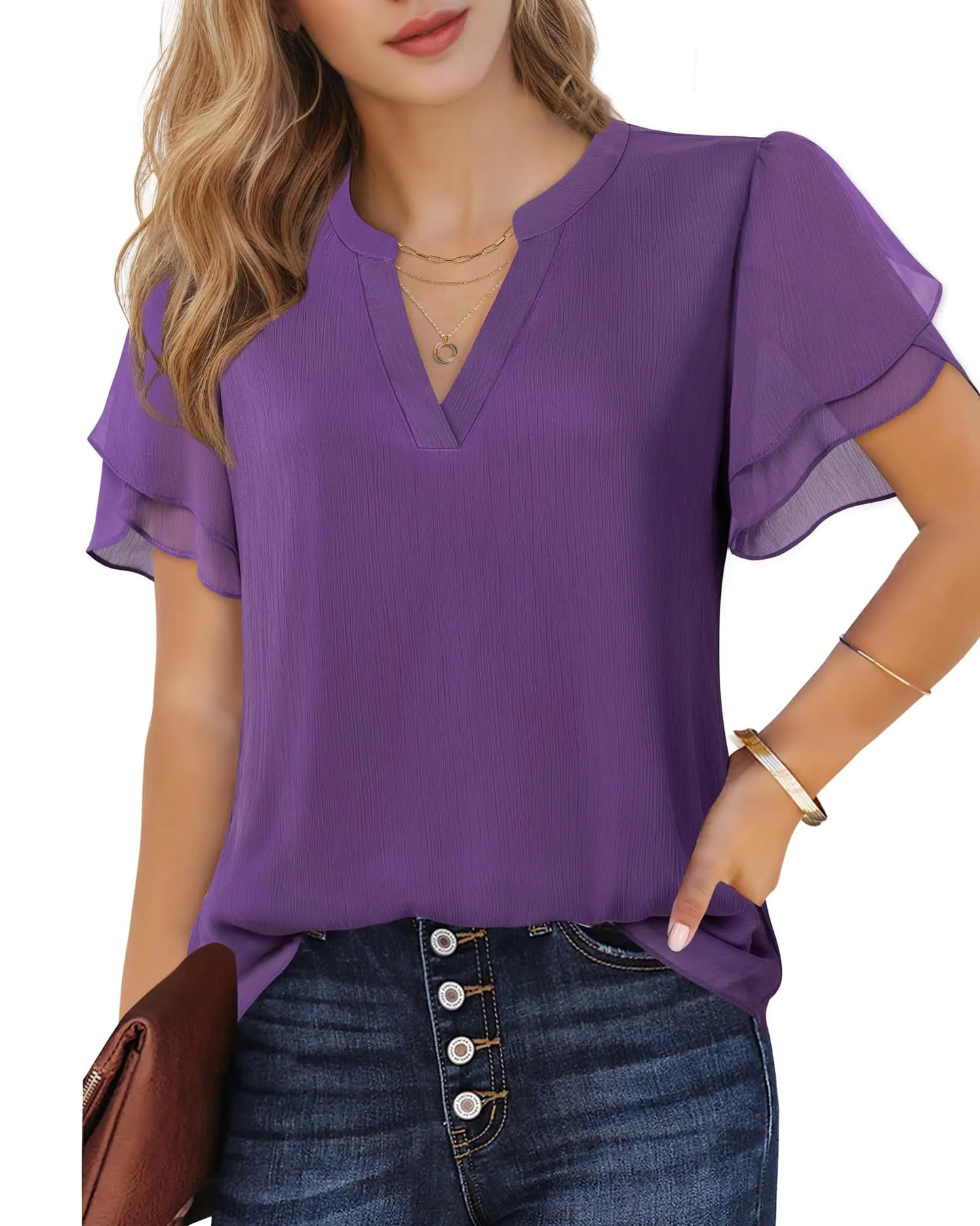 Lotusmile Womens Dressy Chiffon Blouses Summer Puff Petal Short Sleeve Shirts V Neck Casual Work Tops Medium Purple