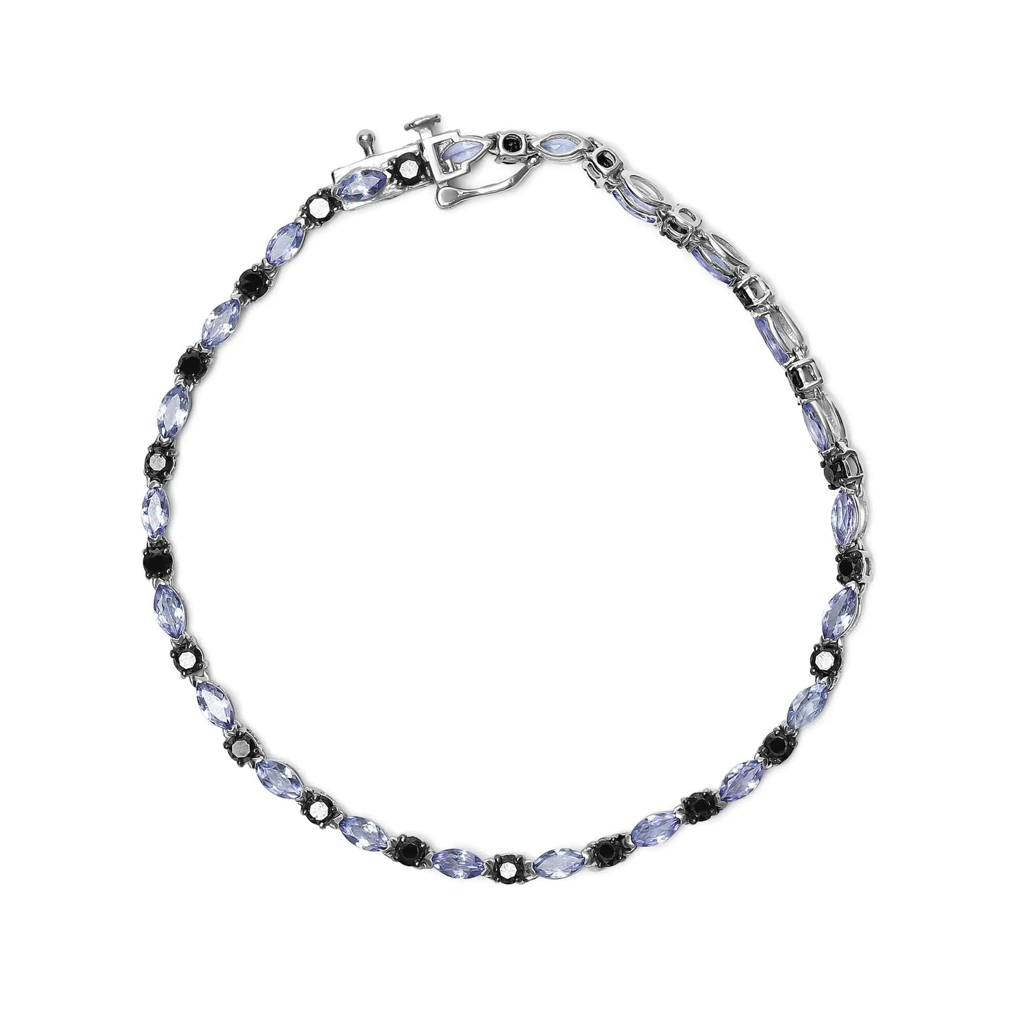 .925 Sterling Silber Armband mit 1 1/2 Cttw Schwarzen Diamanten und Blauem Tansanit (I2-I3 Reinheit, Schwarze Farbe) - Größe 7,25"