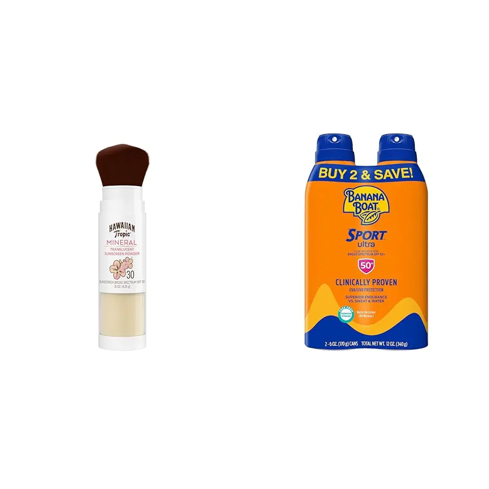 Hawaiian Tropic Mineral Powder Sunscreen Brush SPF 30 & Banana Boat Sport Ultra Water Resistant Sunscreen Spray SPF 50 Twin Pack Cosmetic Powder + Sunscreen Spray SPF 50