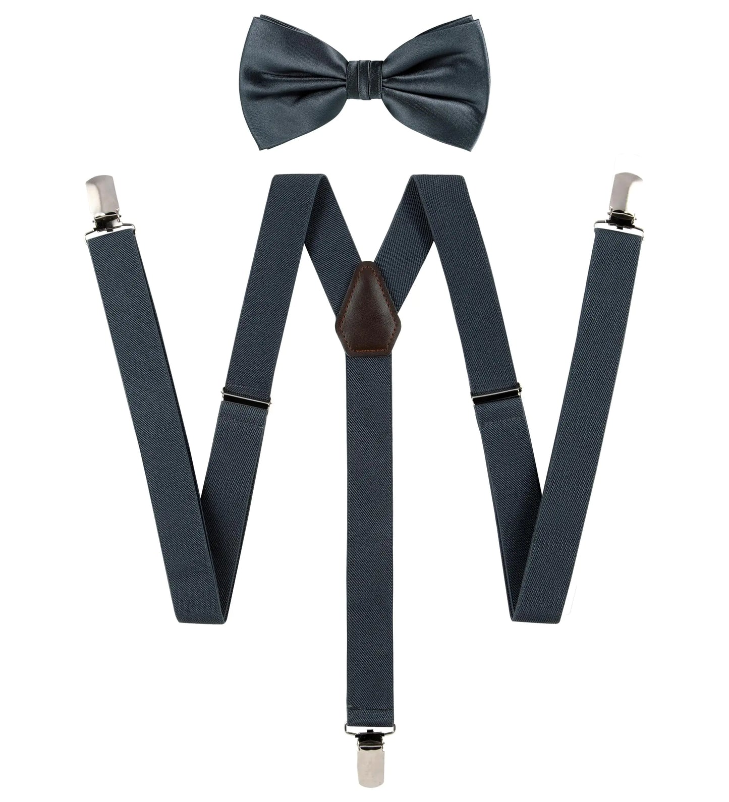 TIE G Solid Color Men's Suspender + Woven Bow Tie Set for Wedding : Vivid Color, Adjustable Brace, Strong Clip, Elastic Band Charcoal Grey