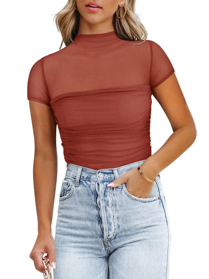 REORIA Women's Sexy Mock Turtle Neck Short Sleeve Shirts Sheer Mesh Ruched Trendy Going Out Bodysuits Tops Medium Rusty Red