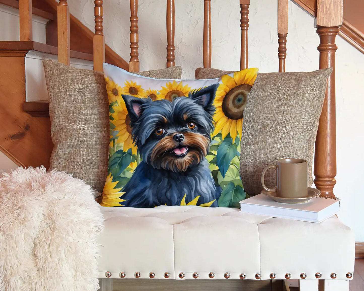 Affenpinscher in Sunflowers Throw Pillow