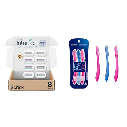 Schick Intuition Refill, Pure Nourishment Razors for Women | Intuition Razor Blades Refill & Schick Hydro Silk Touch-Up Dermaplaning Tool with Precision Cover, 3ct | Dermaplane Razor Refills + Dermaplaning Tool