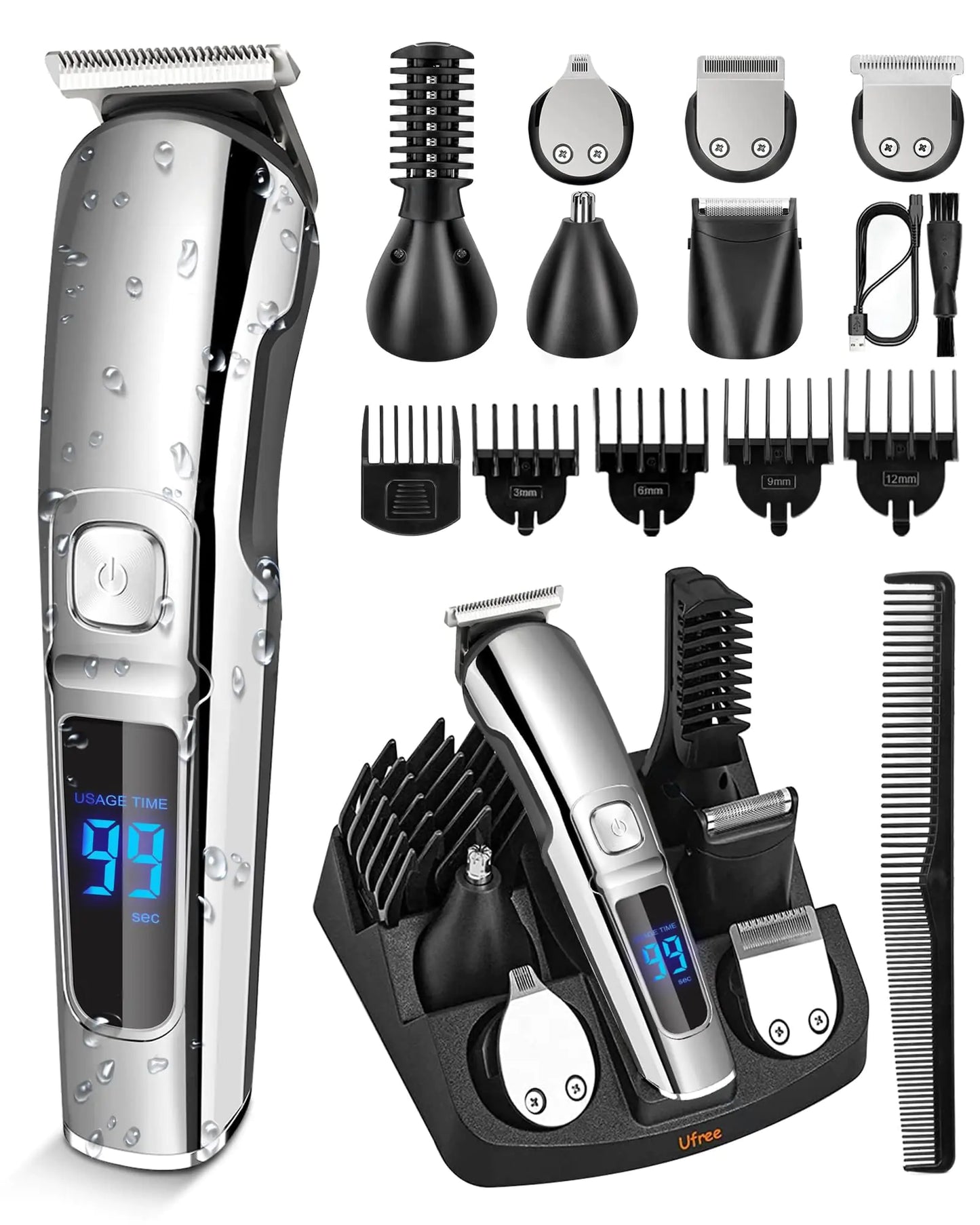 Ufree Beard Trimmer for Men, Waterproof Electric Razor for Nose, Body, Face and Mustache, Cordless Hair Clippers Shavers for Men Grooming Kit, Gifts for Men Husband Father Silver