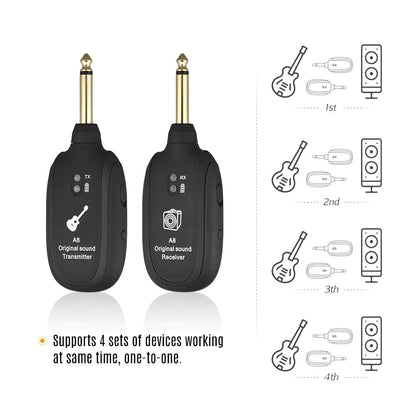 UHF Guitar Wireless System Transmitter+Receiver Built In Rechargeable Battery